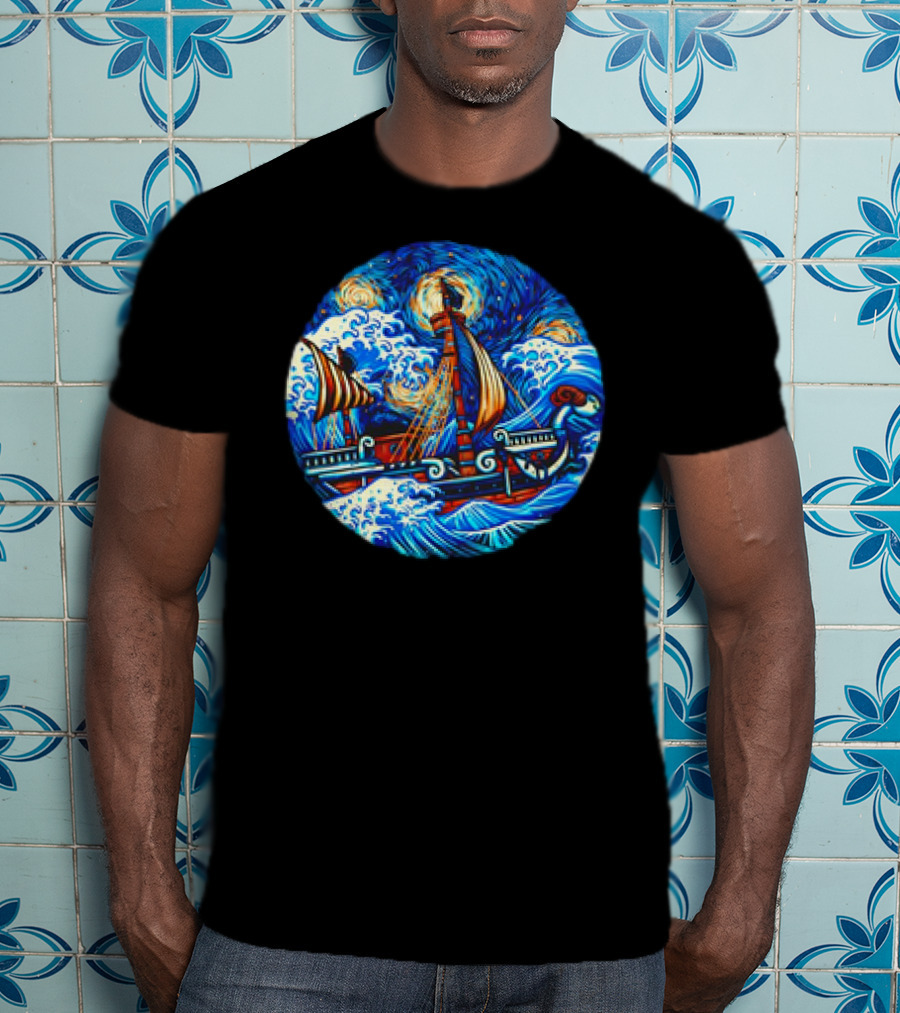 Going Merry One Piece Pirate Ship Van Gogh Wave T-Shirt