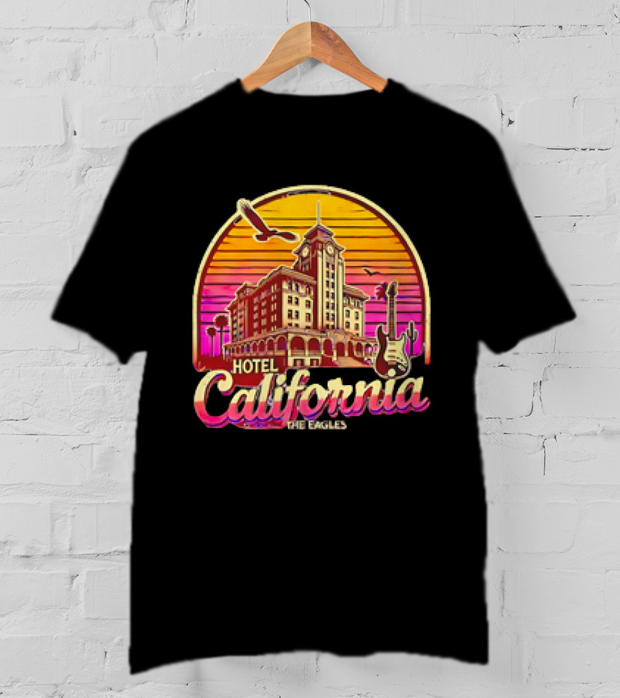 Hotel California The Eagles Sunset Art Deco Guitar And Seagulls T-Shirt
