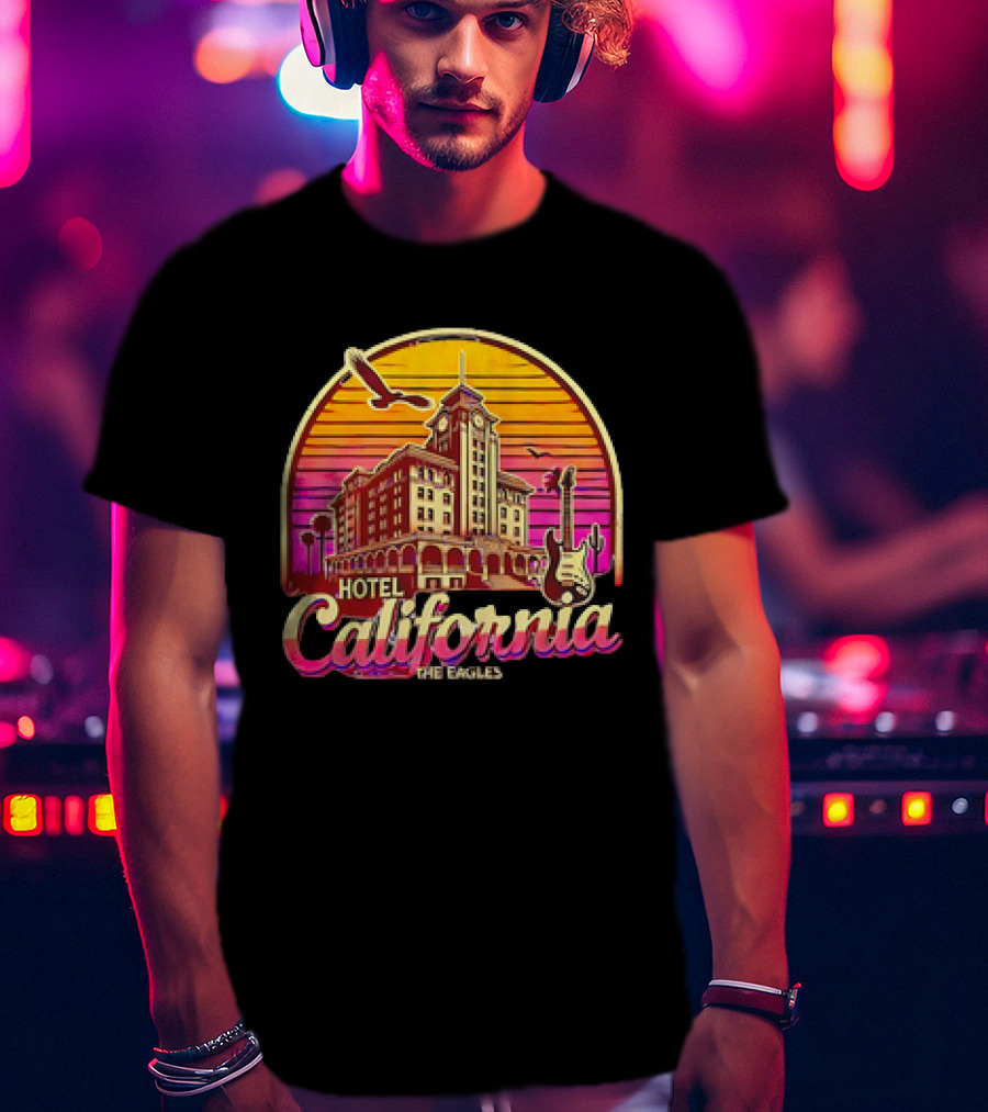 Hotel California The Eagles Sunset Art Deco Guitar And Seagulls T-Shirt