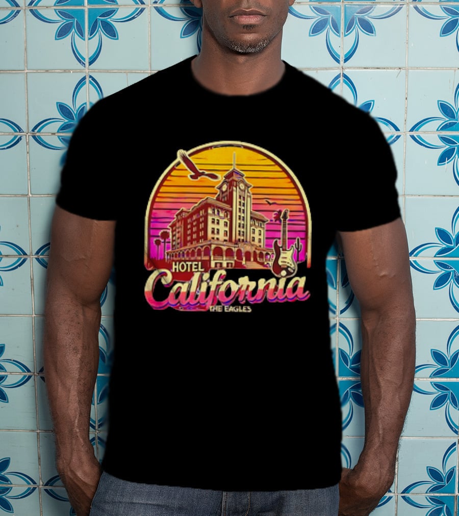 Hotel California The Eagles Sunset Art Deco Guitar And Seagulls T-Shirt