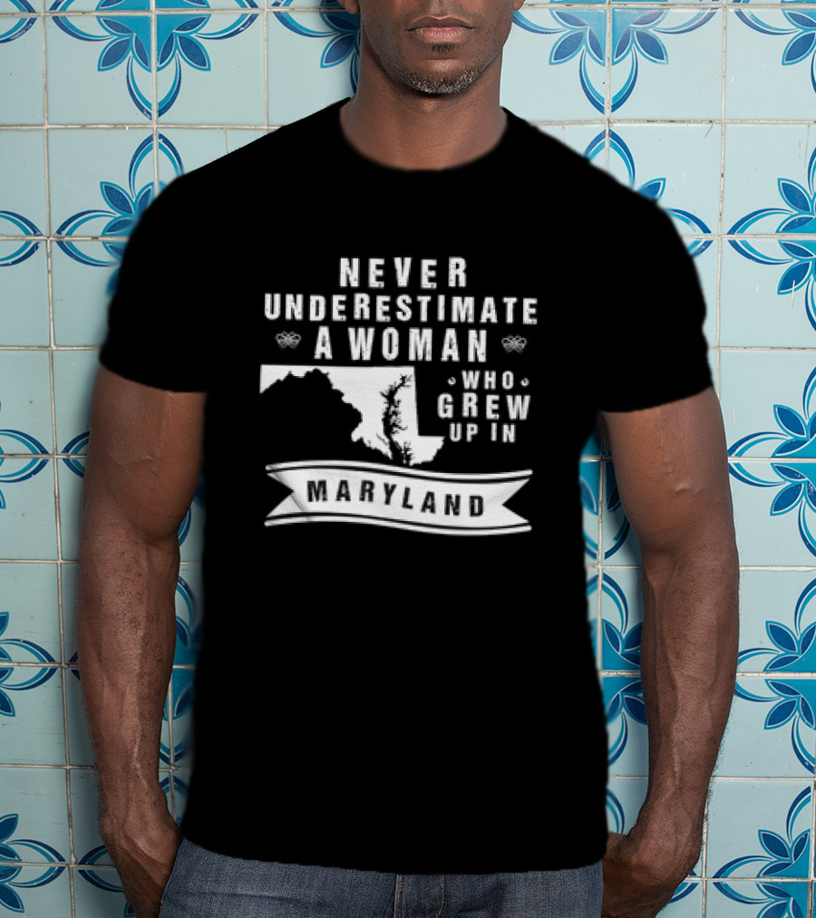 Never Underestimate A Woman Who Grew Up In Maryland Map Banner T-Shirt