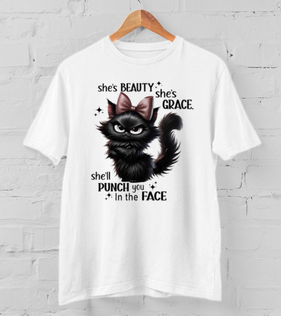 She's Beauty She's Grace She'll Punch You In The Face Black Cat With Bow And Sparkles T-Shirt