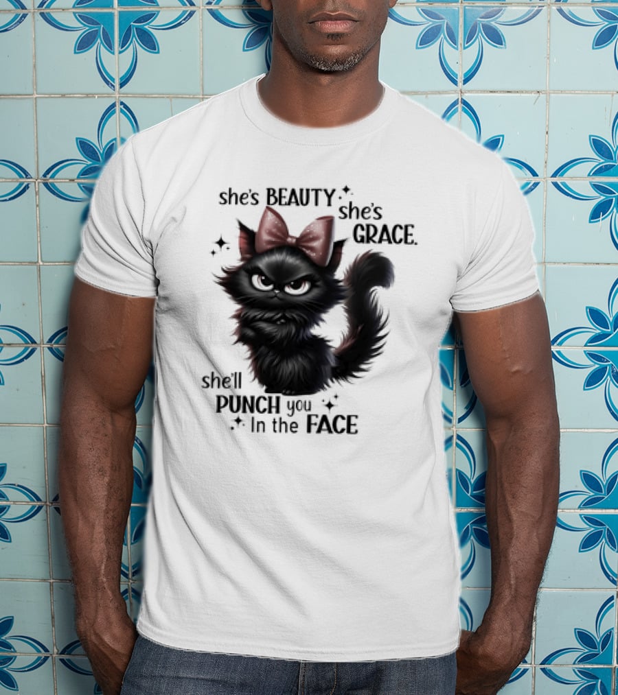 She's Beauty She's Grace She'll Punch You In The Face Black Cat With Bow And Sparkles T-Shirt