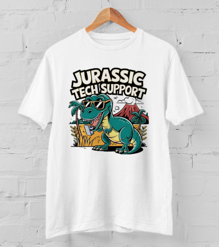 Jurassic Tech Support Dinosaur With Sunglasses And Volcano T-Shirt