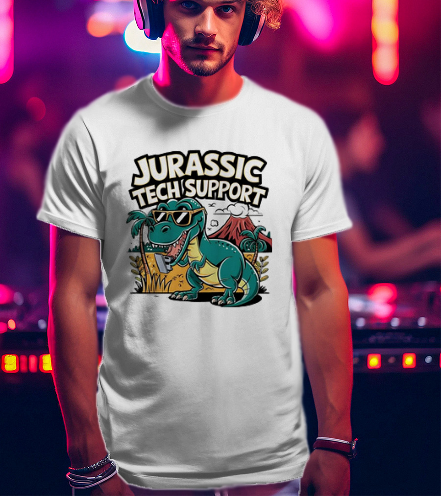 Jurassic Tech Support Dinosaur With Sunglasses And Volcano T-Shirt