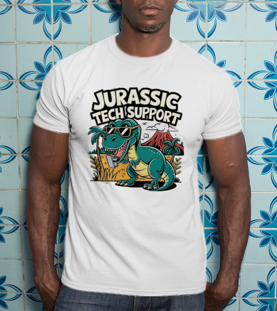 Jurassic Tech Support Dinosaur With Sunglasses And Volcano T-Shirt