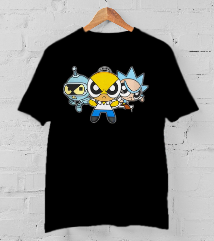 Bender Homer Rick Powerpuff Girls Drunkenpuff Guys Crossover T-Shirt