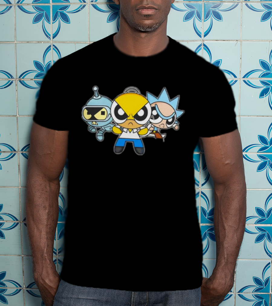 Bender Homer Rick Powerpuff Girls Drunkenpuff Guys Crossover T-Shirt
