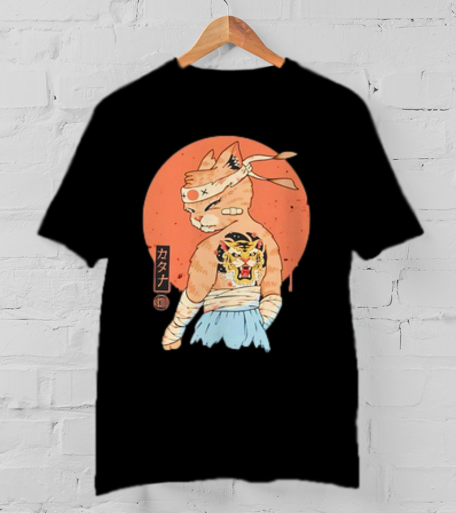 Samurai Cat Katana Battle Damage Japanese Tiger Tattoo T-Shirt