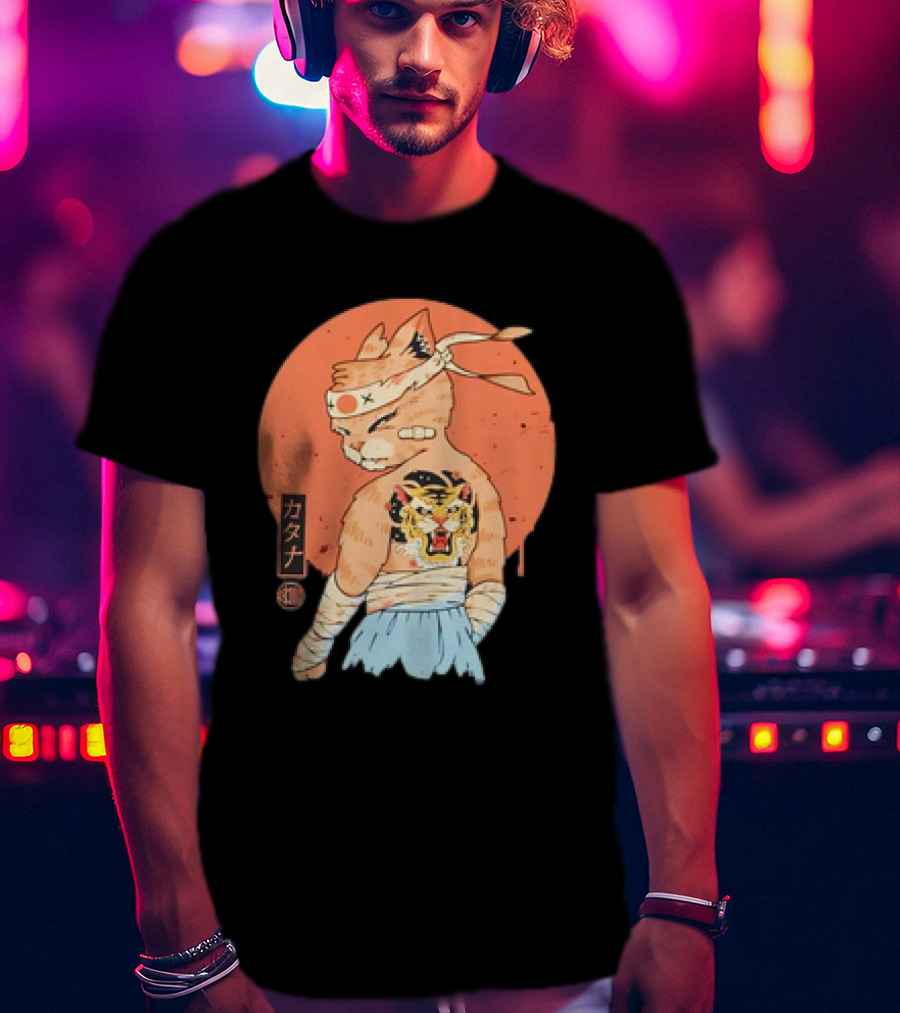 Samurai Cat Katana Battle Damage Japanese Tiger Tattoo T-Shirt