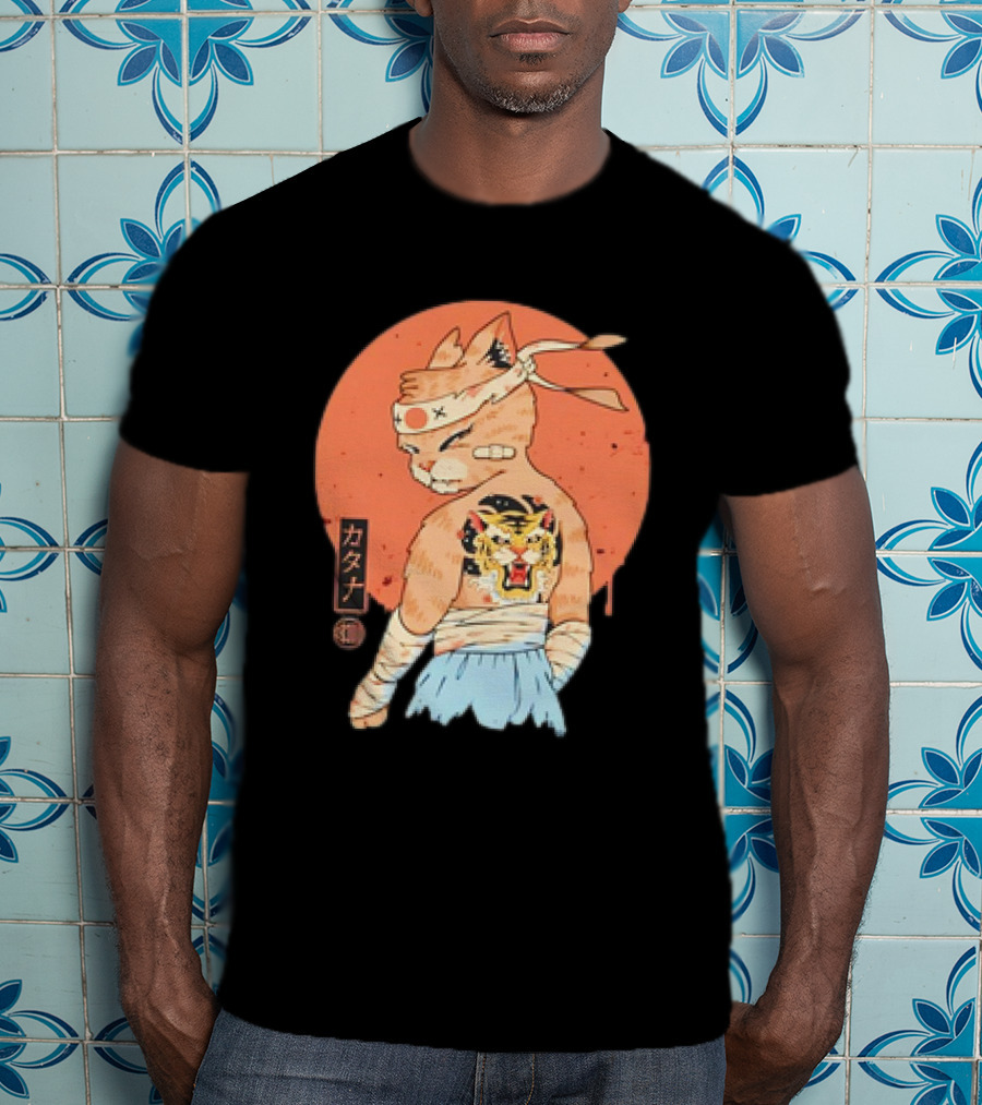 Samurai Cat Katana Battle Damage Japanese Tiger Tattoo T-Shirt