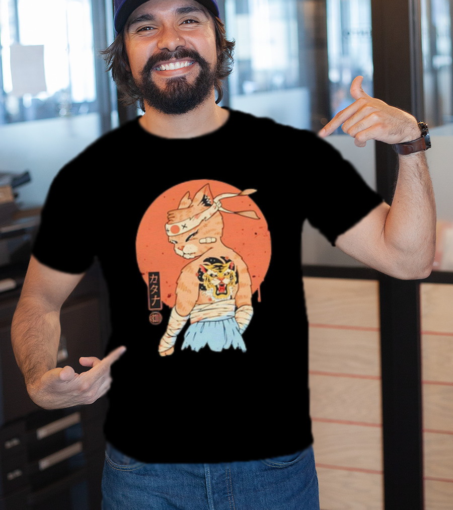 Samurai Cat Katana Battle Damage Japanese Tiger Tattoo T-Shirt