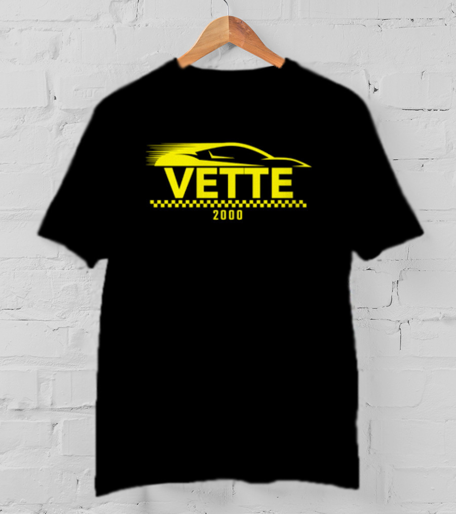 Vette 2000 Sports Car Yellow Silhouette And Checkered Stripe T-Shirt