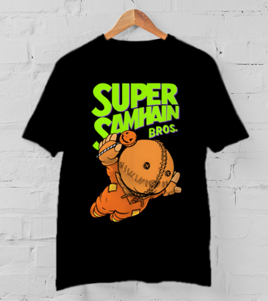 Super Samhain Bros Trick ‘r Treat Sam Icon In Pumpkin Suit With Green And Orange Highlights T-Shirt