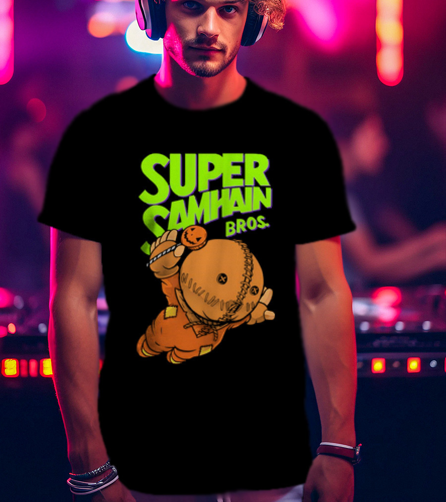 Super Samhain Bros Trick ‘r Treat Sam Icon In Pumpkin Suit With Green And Orange Highlights T-Shirt