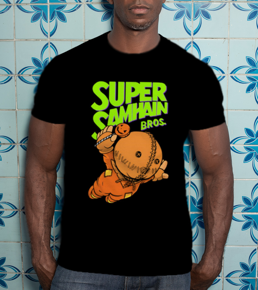 Super Samhain Bros Trick ‘r Treat Sam Icon In Pumpkin Suit With Green And Orange Highlights T-Shirt