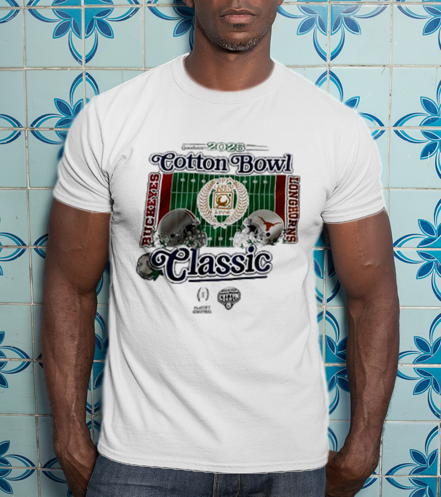 Playoff Central Ohio State Buckeyes Versus Texas Longhorns 2025 Cotton Bowl Classic Helmet Matchup T-Shirt