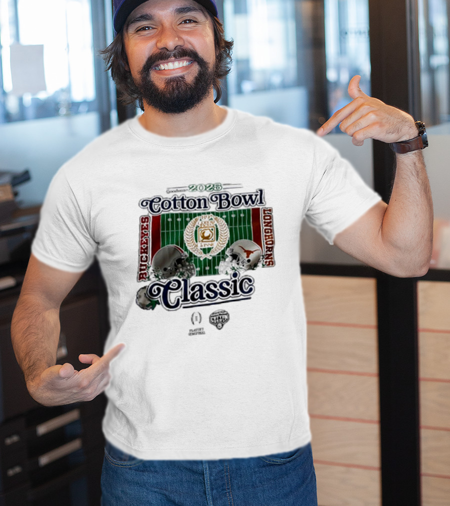 Playoff Central Ohio State Buckeyes Versus Texas Longhorns 2025 Cotton Bowl Classic Helmet Matchup T-Shirt