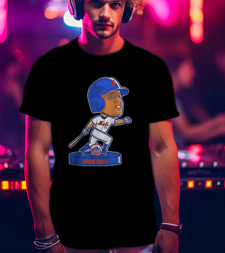 Juan Soto New York Mets Bobblehead Cartoon Mets Logo Baseball T-Shirt