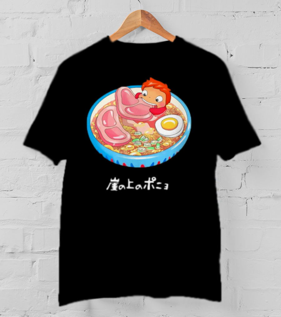 Ponyo Swims In Ramen Bowl With Egg And Noodles Japanese Text T-Shirt
