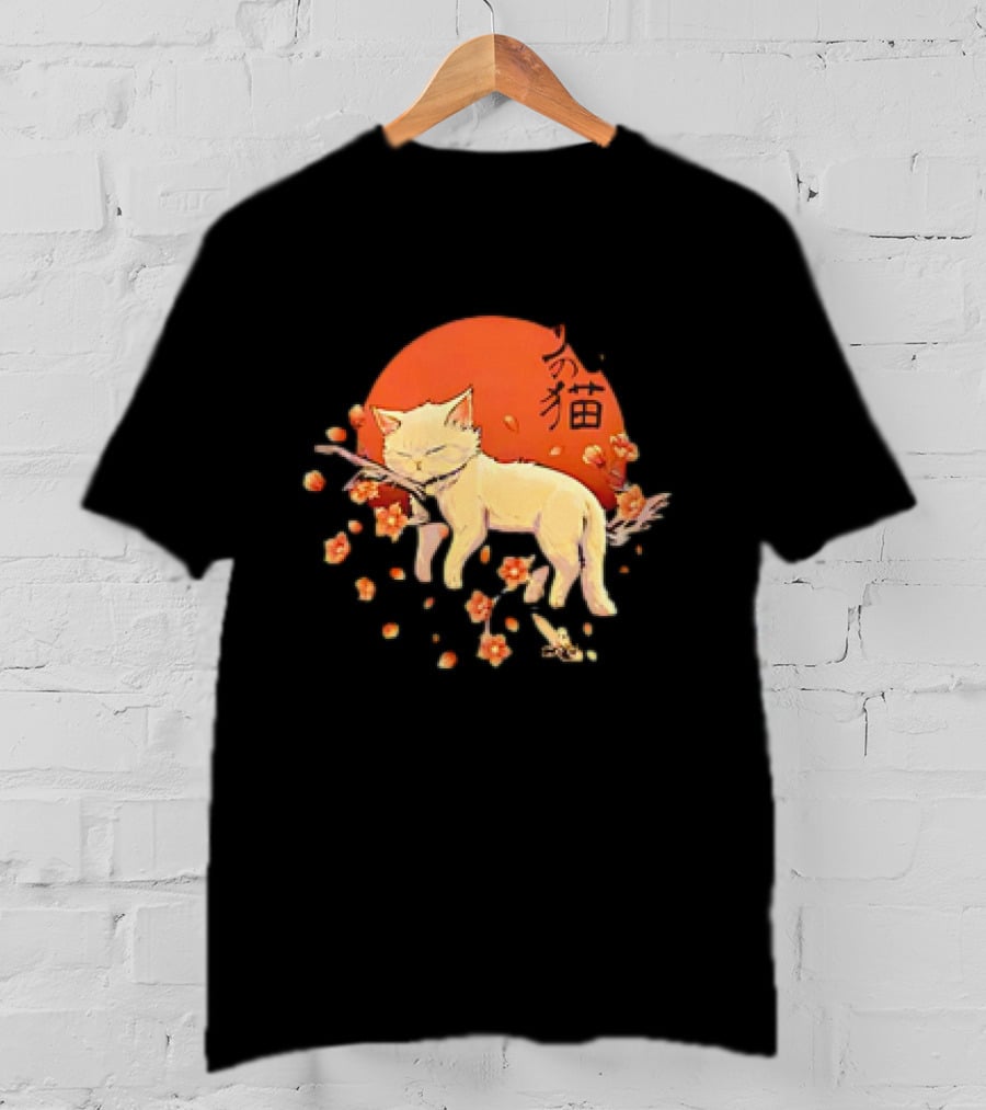 Sleeping Cat With Blossoms Under Red Sun T-Shirt