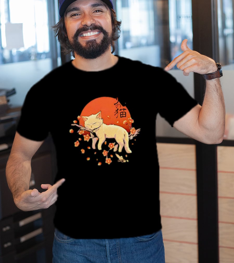 Sleeping Cat With Blossoms Under Red Sun T-Shirt