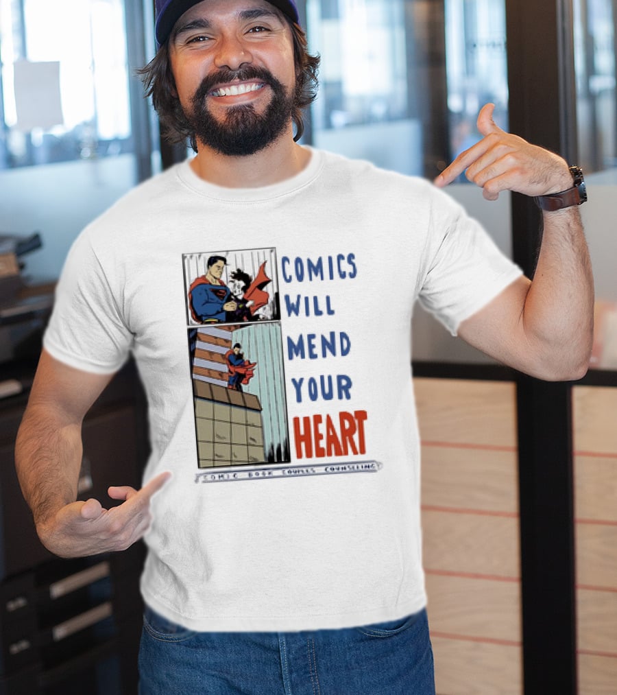 Comics Will Mend Your Heart Comic Book Couples Counseling Iconic Characters Embrace T-Shirt