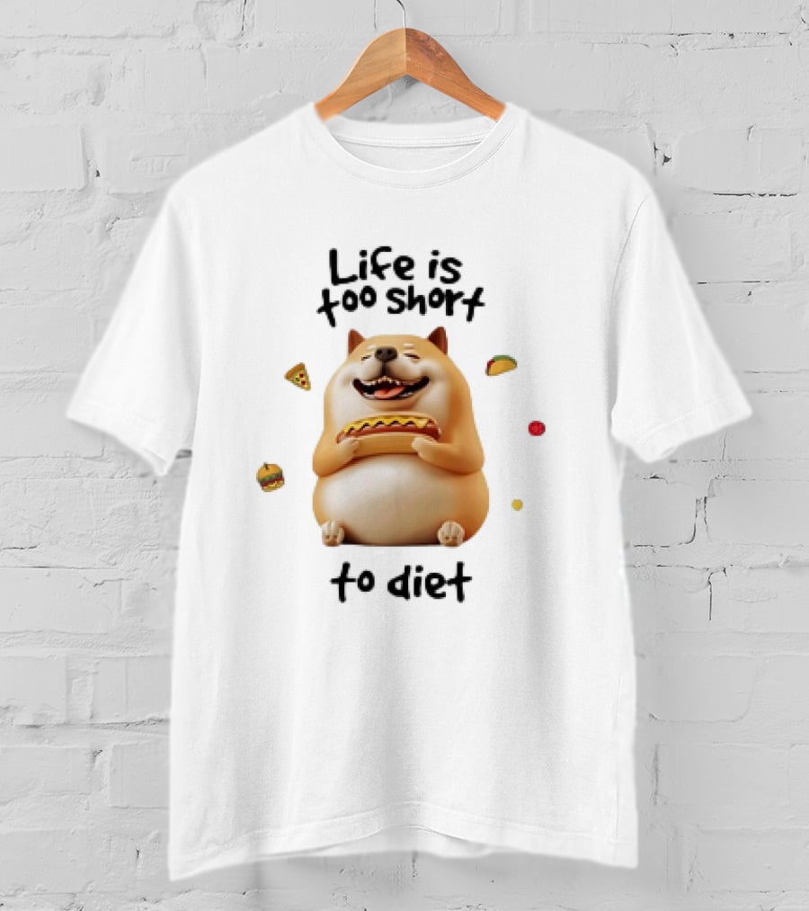 Shiba Inu Dog Enjoying Life Is Too Short To Diet Pizza Hotdog Burger Taco T-Shirt