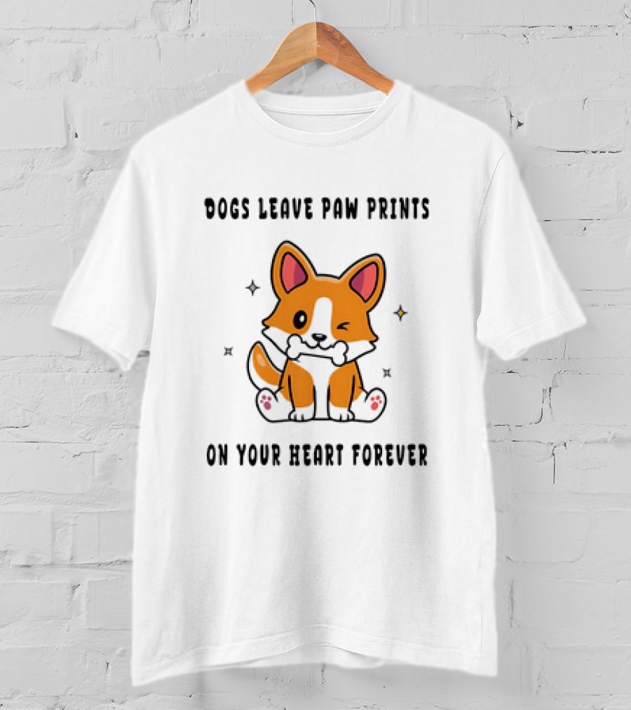 Dogs Leave Paw Prints On Your Heart Forever Shiba Inu Illustration With Bone And Stars T-Shirt