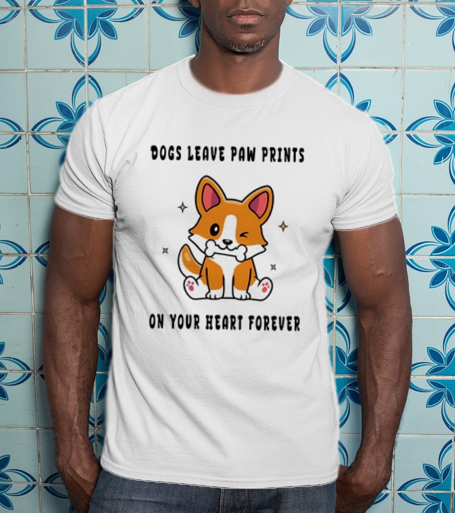Dogs Leave Paw Prints On Your Heart Forever Shiba Inu Illustration With Bone And Stars T-Shirt