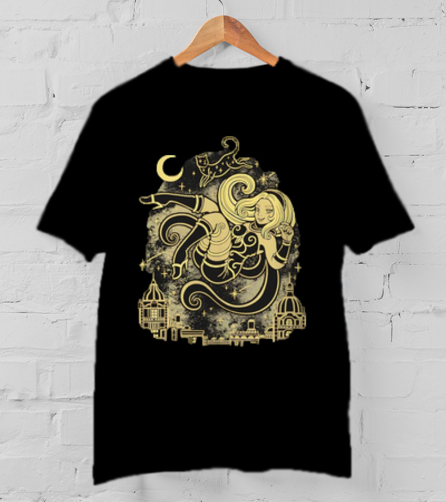 Gravity Rush Floating Cat And Girl In The Sky With Crescent Moon Cityscape T-Shirt