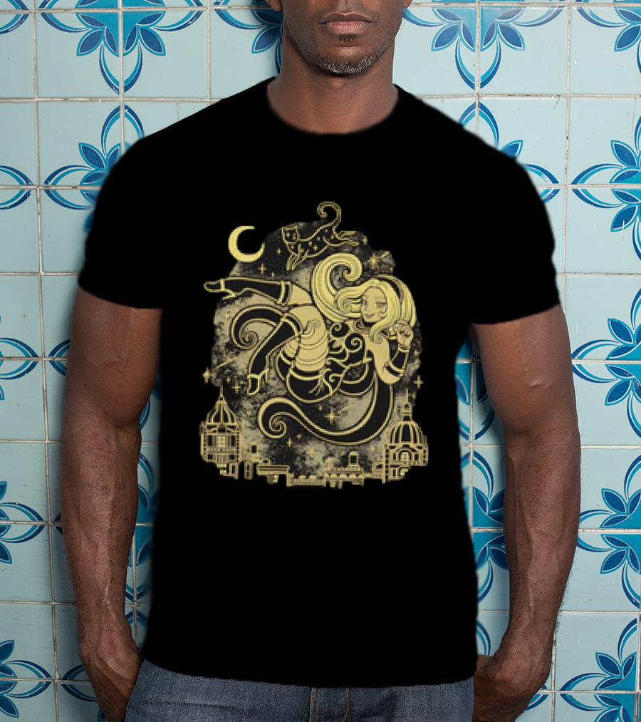 Gravity Rush Floating Cat And Girl In The Sky With Crescent Moon Cityscape T-Shirt