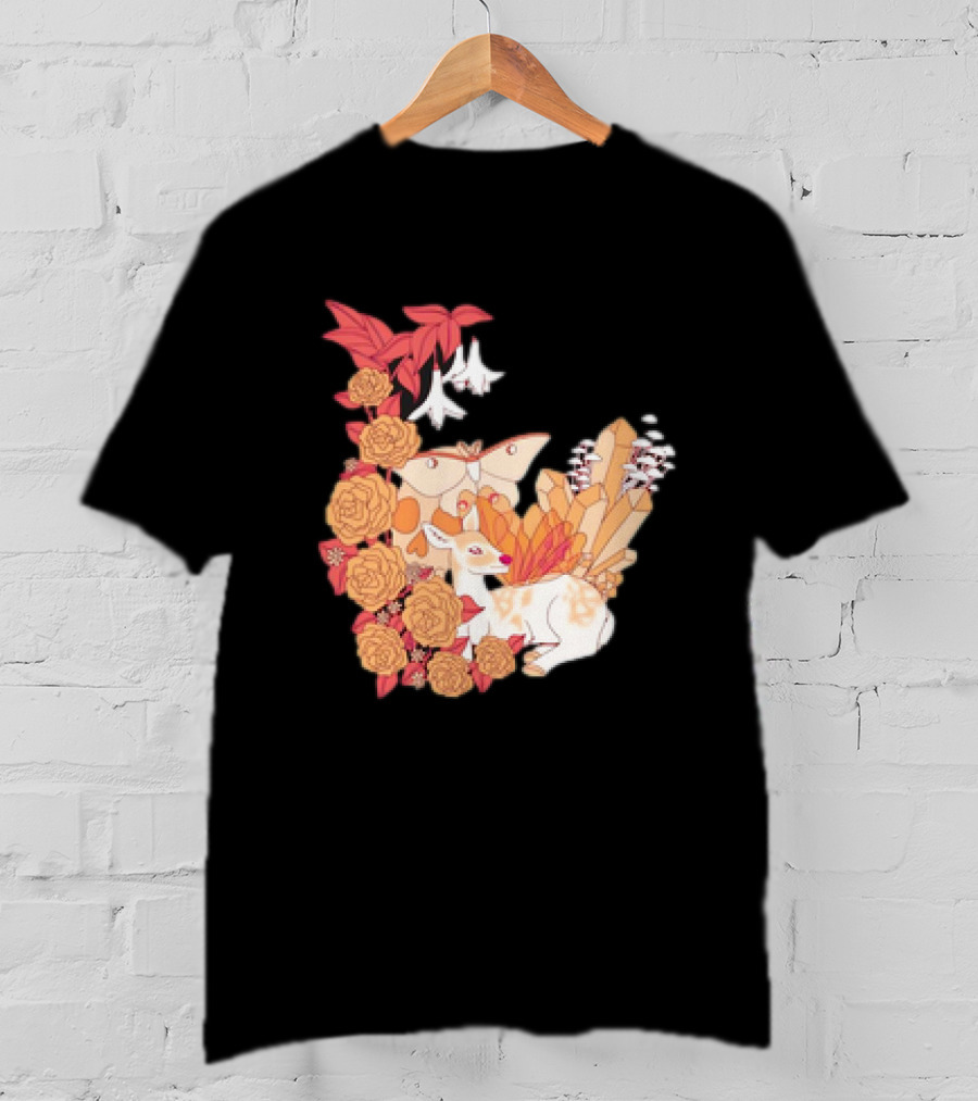 Mystical Forest Fawn Surrounded By Roses And Butterflies T-Shirt