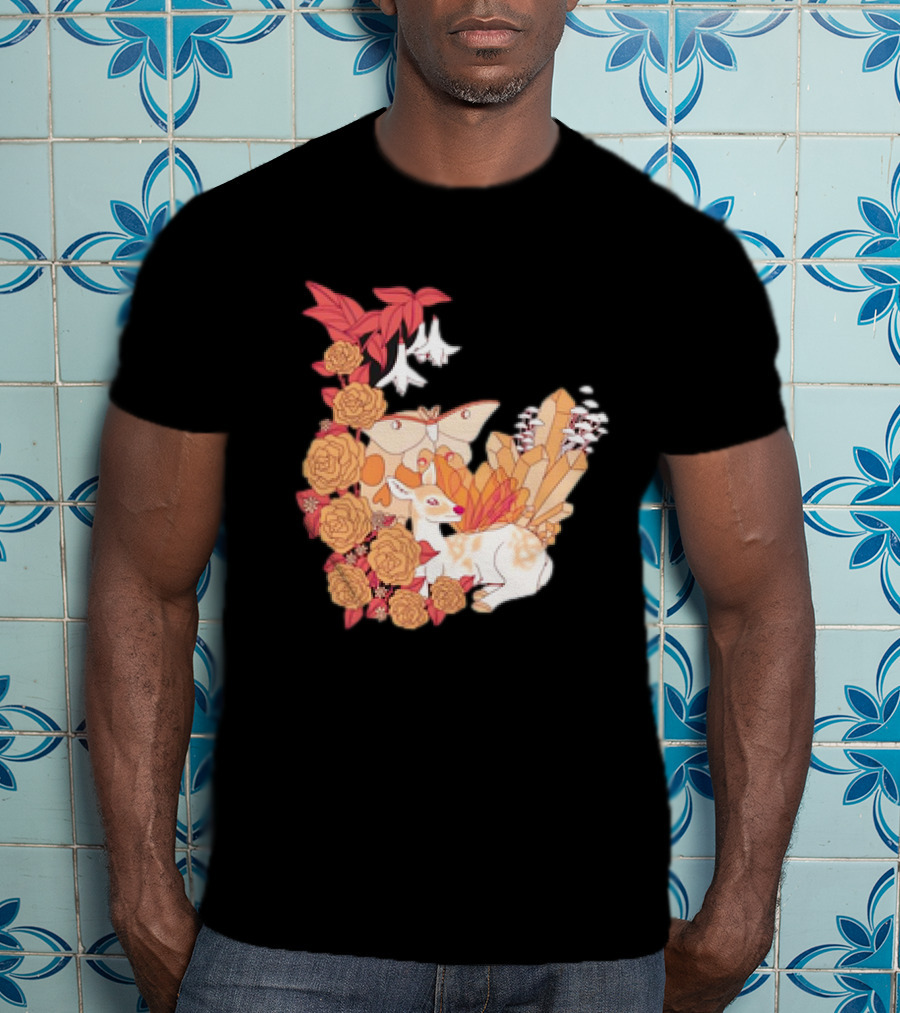 Mystical Forest Fawn Surrounded By Roses And Butterflies T-Shirt