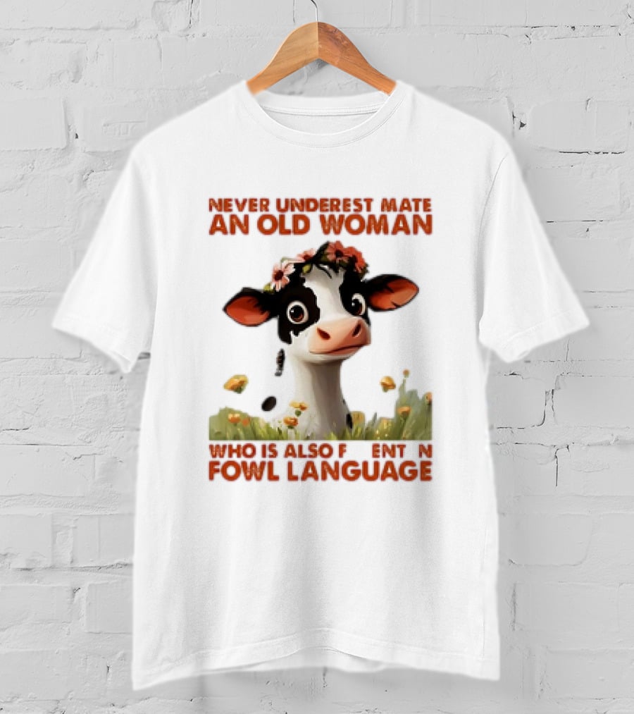 Never Underestimate An Old Woman Fluent In Fowl Language With Cow And Flowers T-Shirt