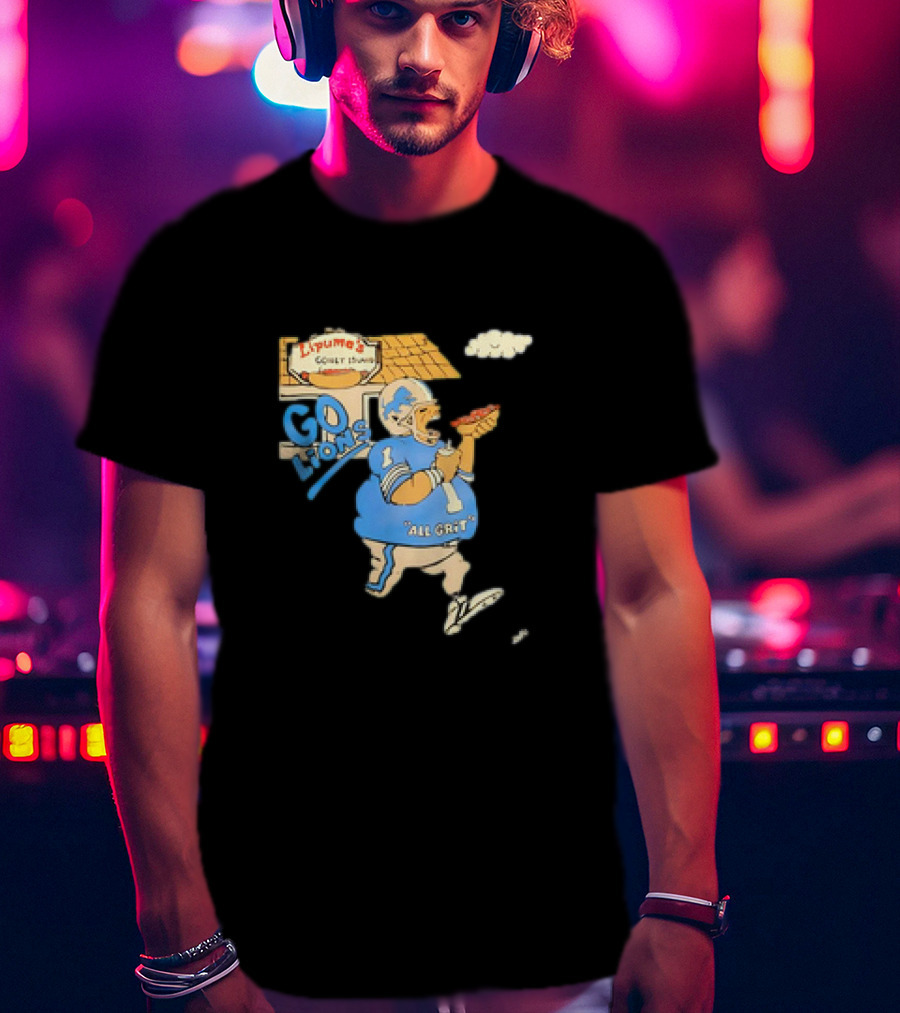 Lipuma’s Coney Island Go Lions All Grit Detroit Lions Football Player Eating Hot Dog T-Shirt