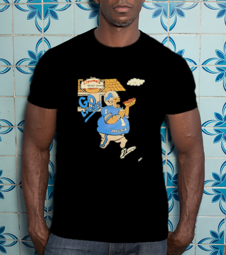 Lipuma’s Coney Island Go Lions All Grit Detroit Lions Football Player Eating Hot Dog T-Shirt