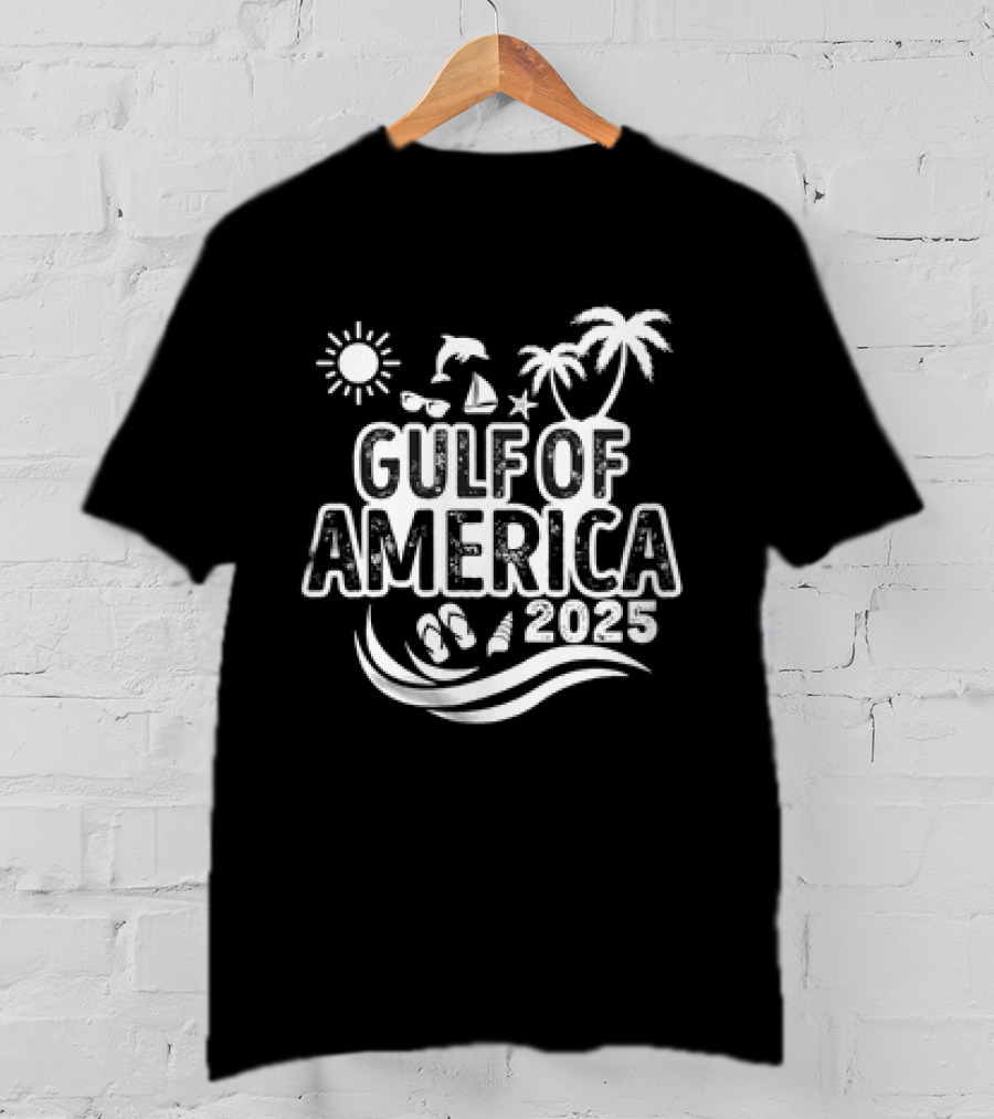 Gulf Of America 2025 Sun Palm Trees Dolphin Sailboat Sandals Waves T-Shirt