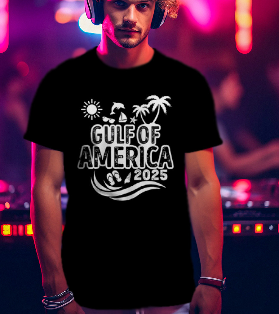 Gulf Of America 2025 Sun Palm Trees Dolphin Sailboat Sandals Waves T-Shirt