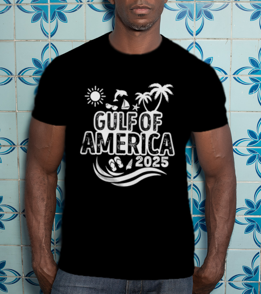 Gulf Of America 2025 Sun Palm Trees Dolphin Sailboat Sandals Waves T-Shirt
