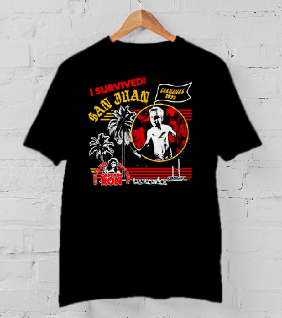 I Survived San Juan Carnaval 1992 Captain Ron Festival Palm Trees Ship Scene T-Shirt
