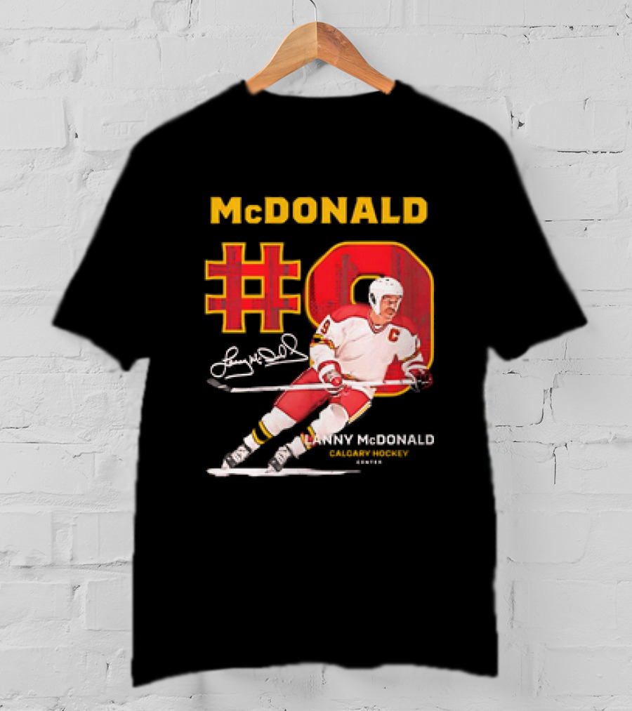 Lanny McDonald #9 Calgary Flames NHL Hockey Throwback Vintage Signature T-Shirt