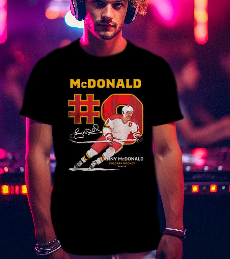 Lanny McDonald #9 Calgary Flames NHL Hockey Throwback Vintage Signature T-Shirt