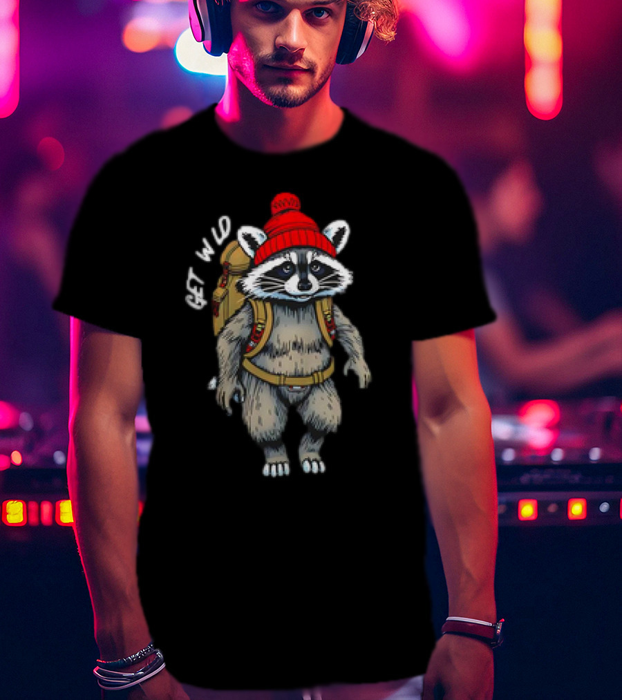 Get Wld Raccoon With Backpack And Red Beanie T-Shirt