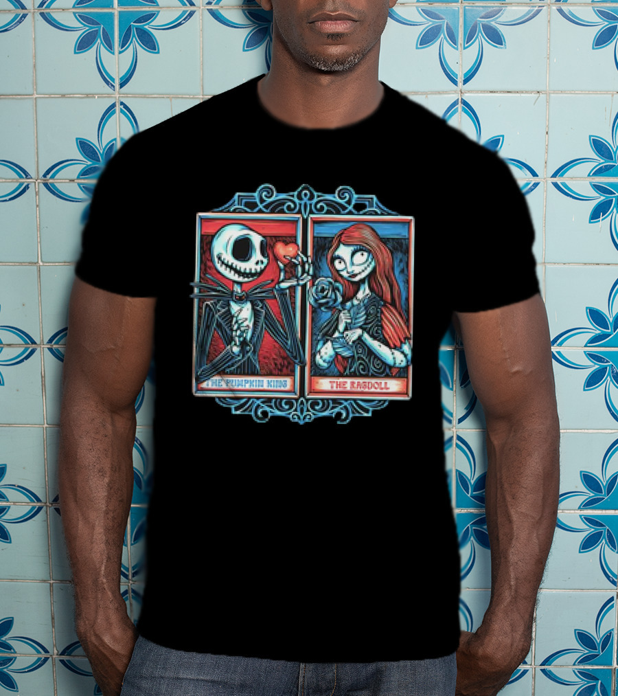 Skeleton Romance Jack Skellington The Pumpkin King And Sally The Ragdoll Heart And Rose T-Shirt