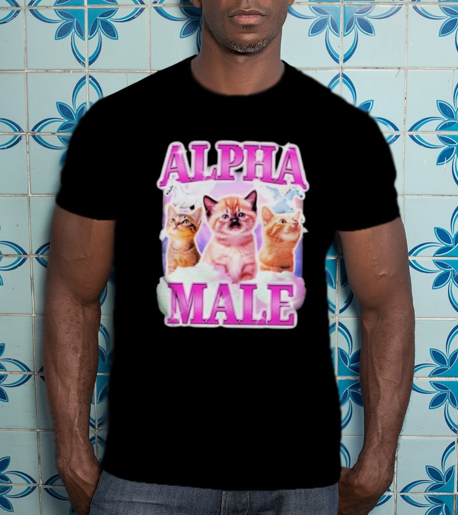 Alpha Male Cat Trio With Rainbow Unicorns And Clouds T-Shirt