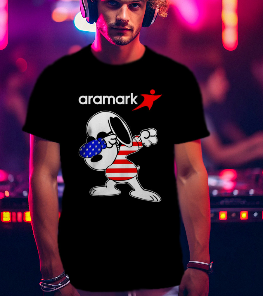 Aramark Snoopy Dabbing American Flag Red White Blue Character T-Shirt