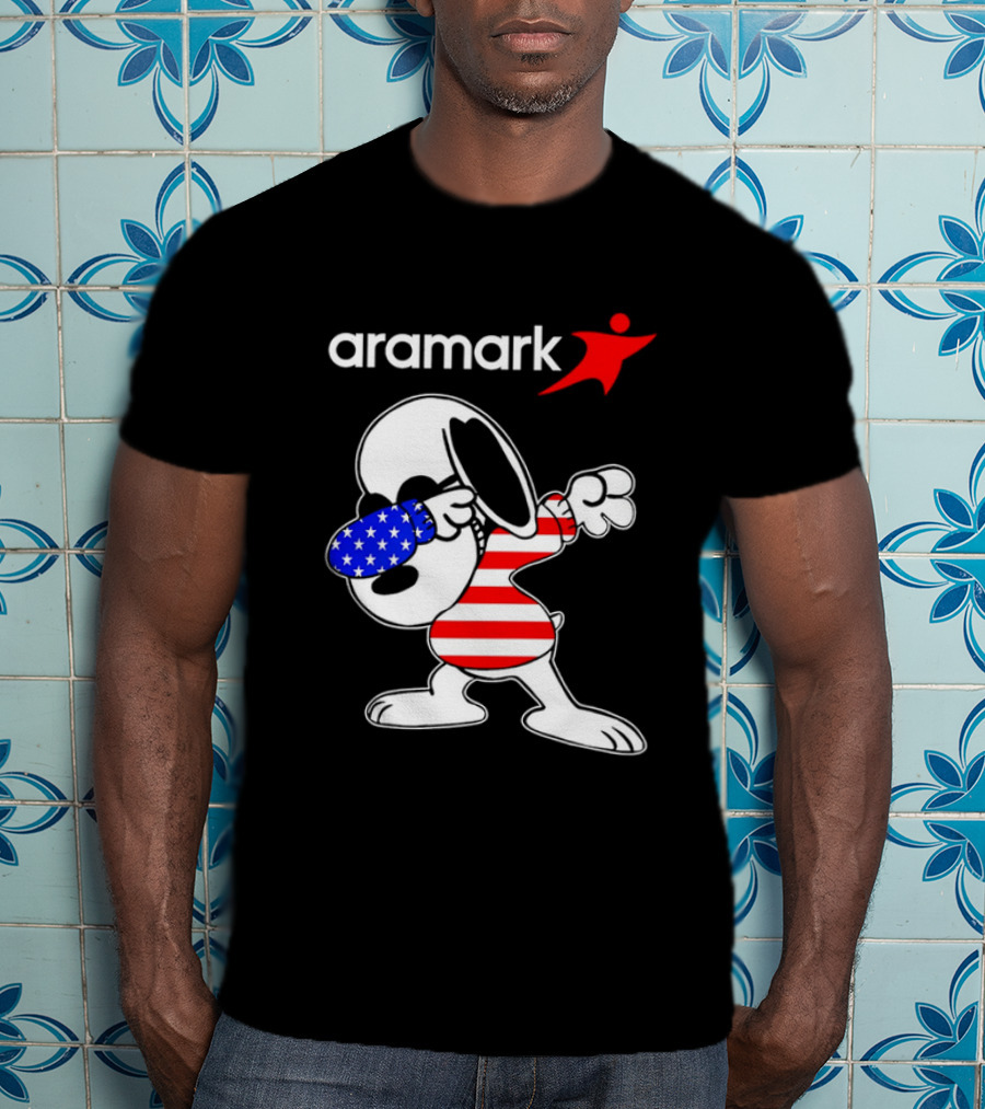 Aramark Snoopy Dabbing American Flag Red White Blue Character T-Shirt