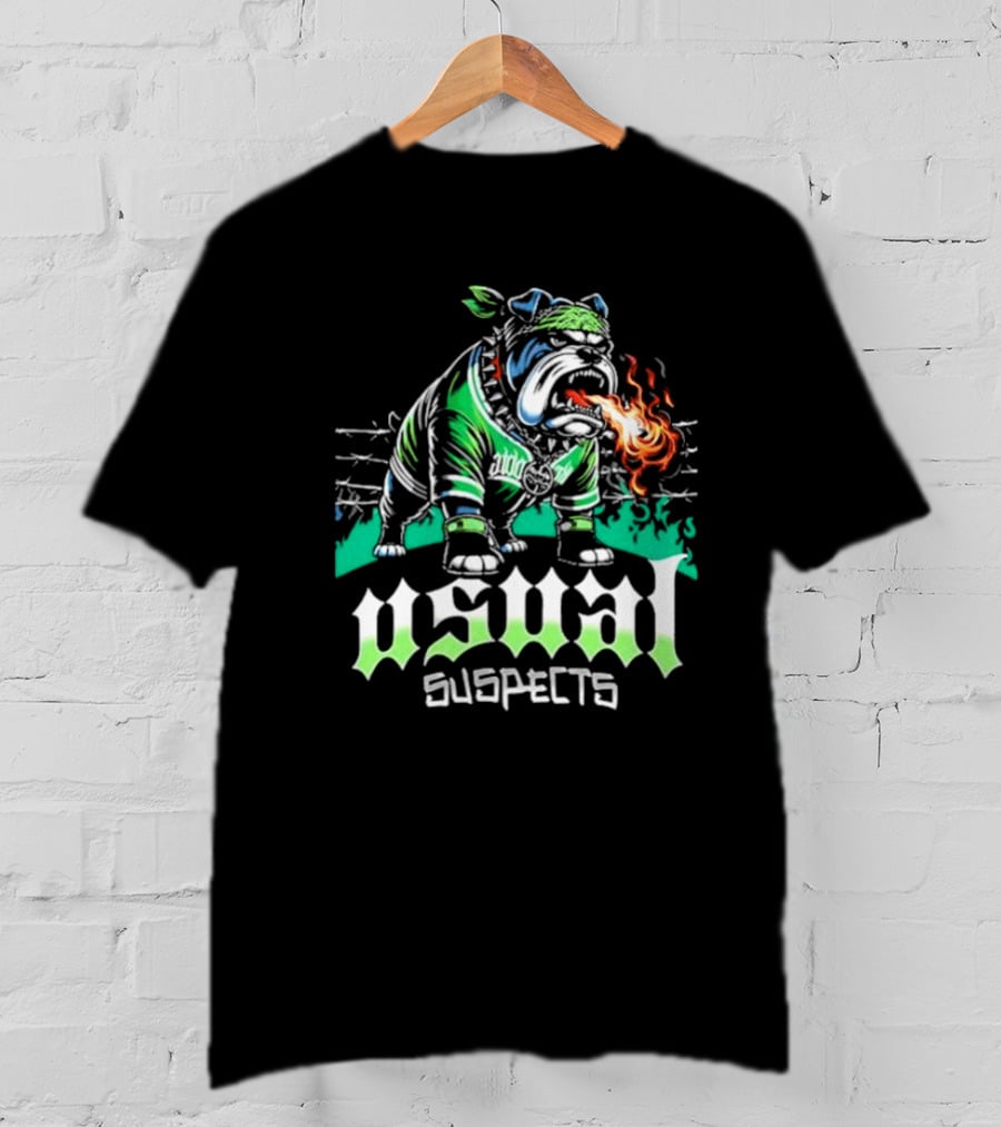 Usual Suspects Bulldog With Fiery Breath And Green Bandana T-Shirt