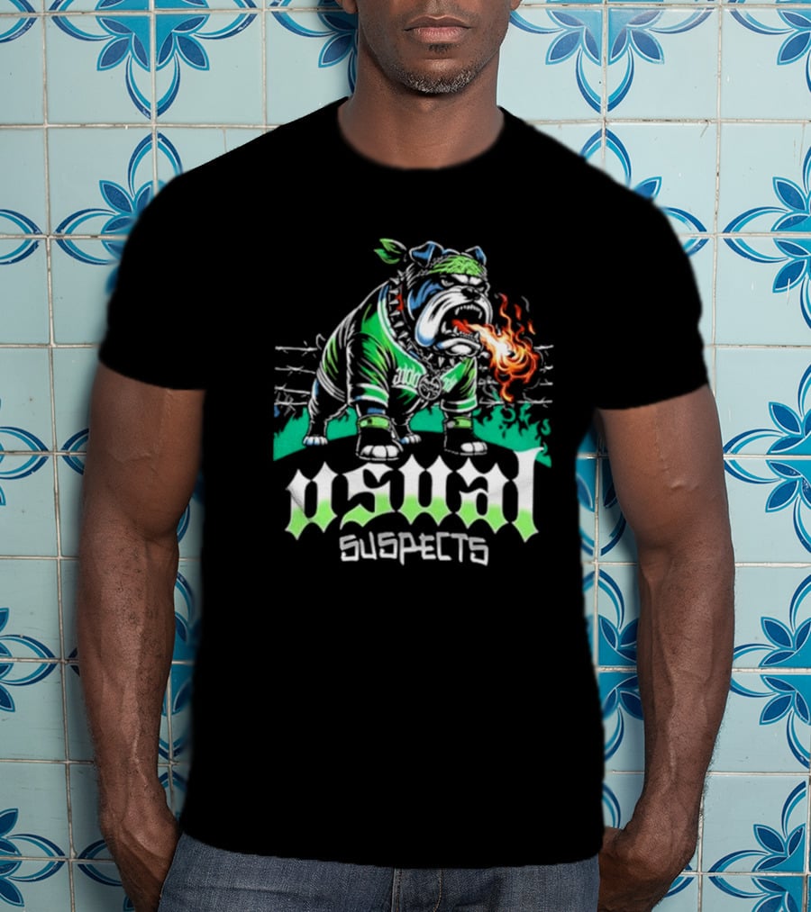 Usual Suspects Bulldog With Fiery Breath And Green Bandana T-Shirt